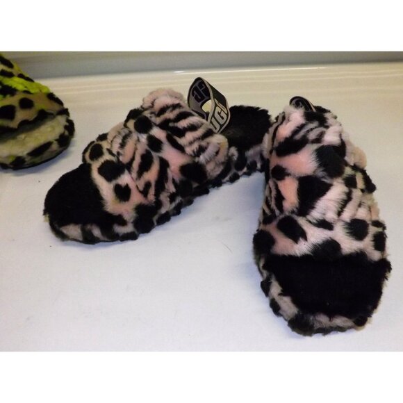 Size 7 UGG Fluff Yeah Animalia Slippers Black Neon Green & Pink Black Animal - Picture 5 of 12